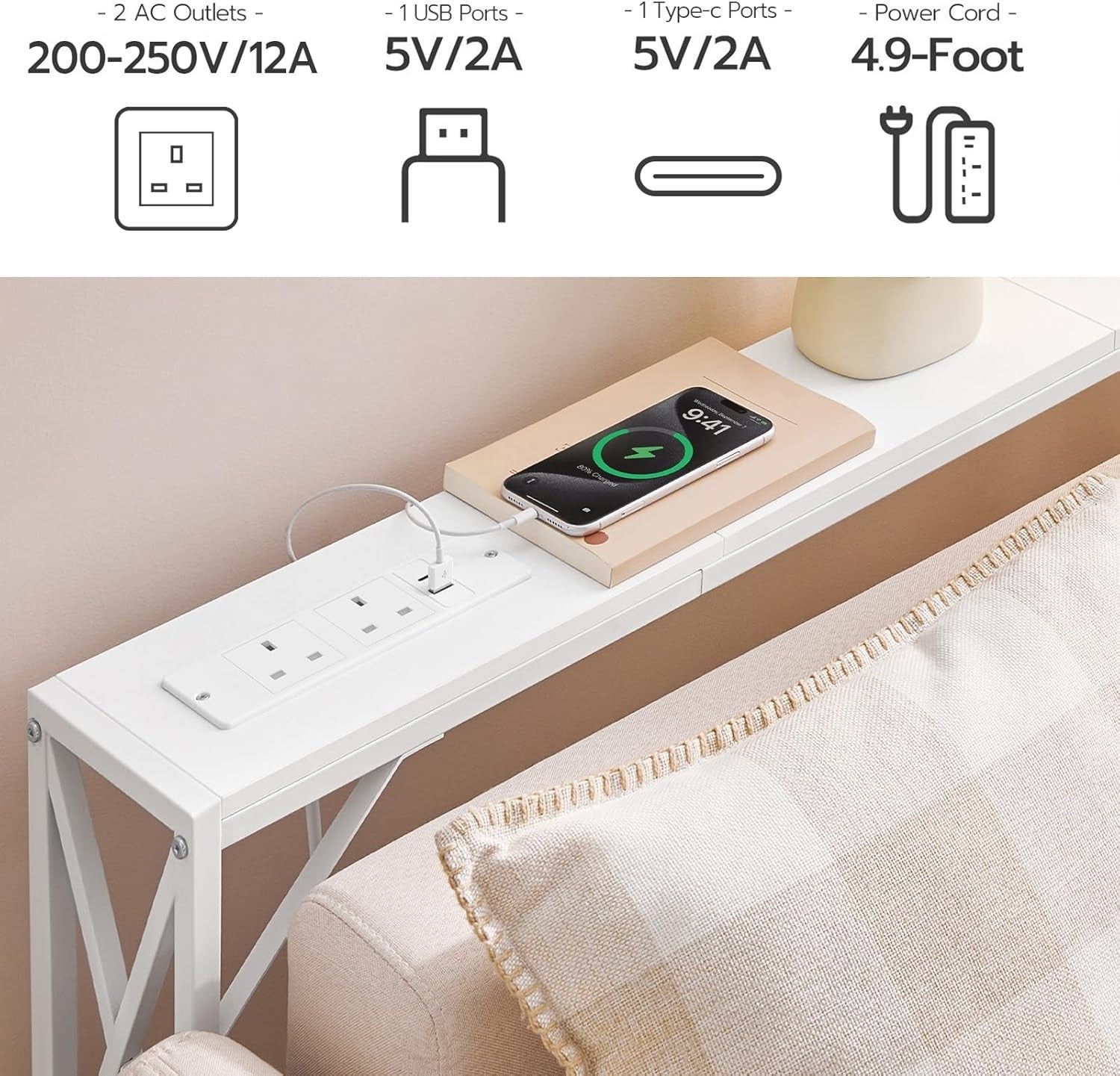 2x Slim Console Tables with USB Charging – 100cm Entryway or Sofa Table