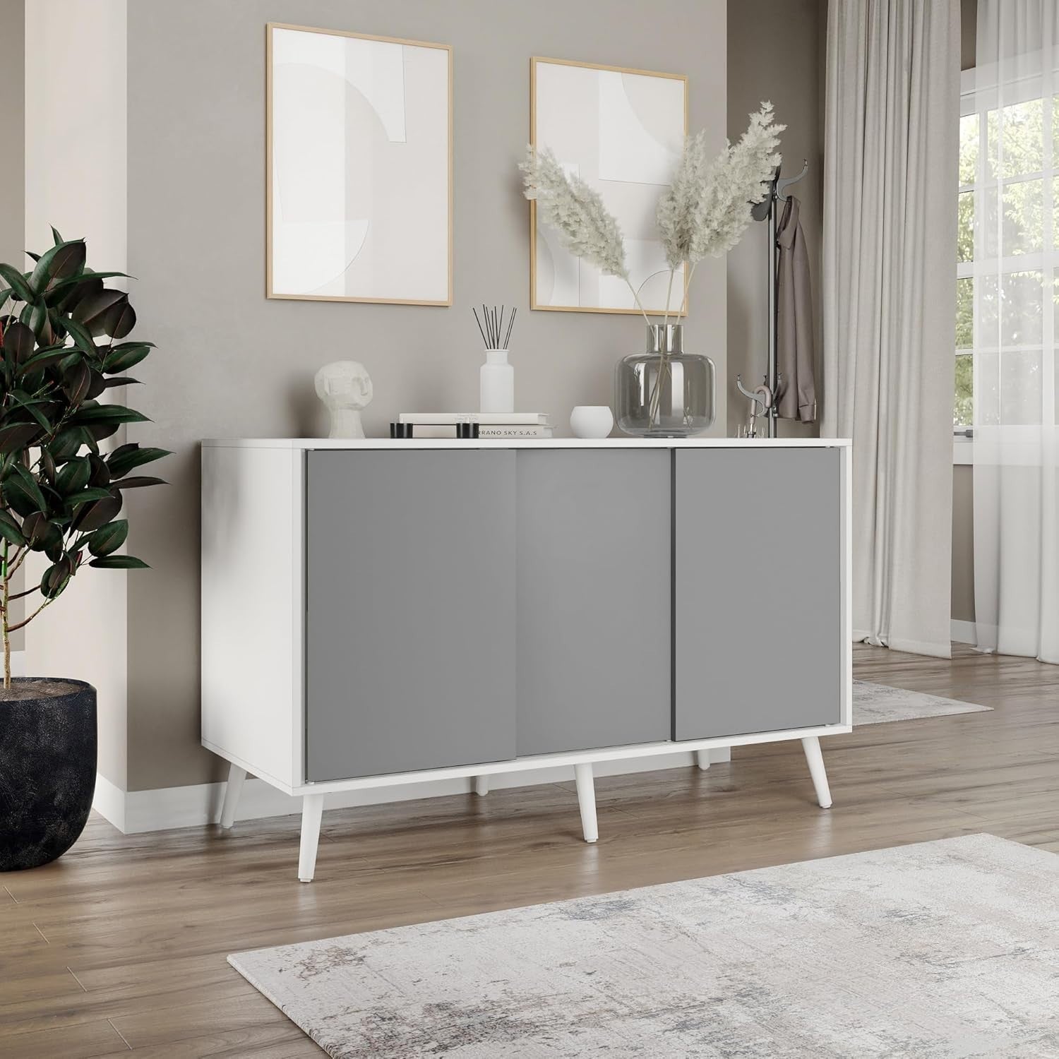 Grey Sliding Door Sideboard White Frame Cabinet Storage Modern Unit