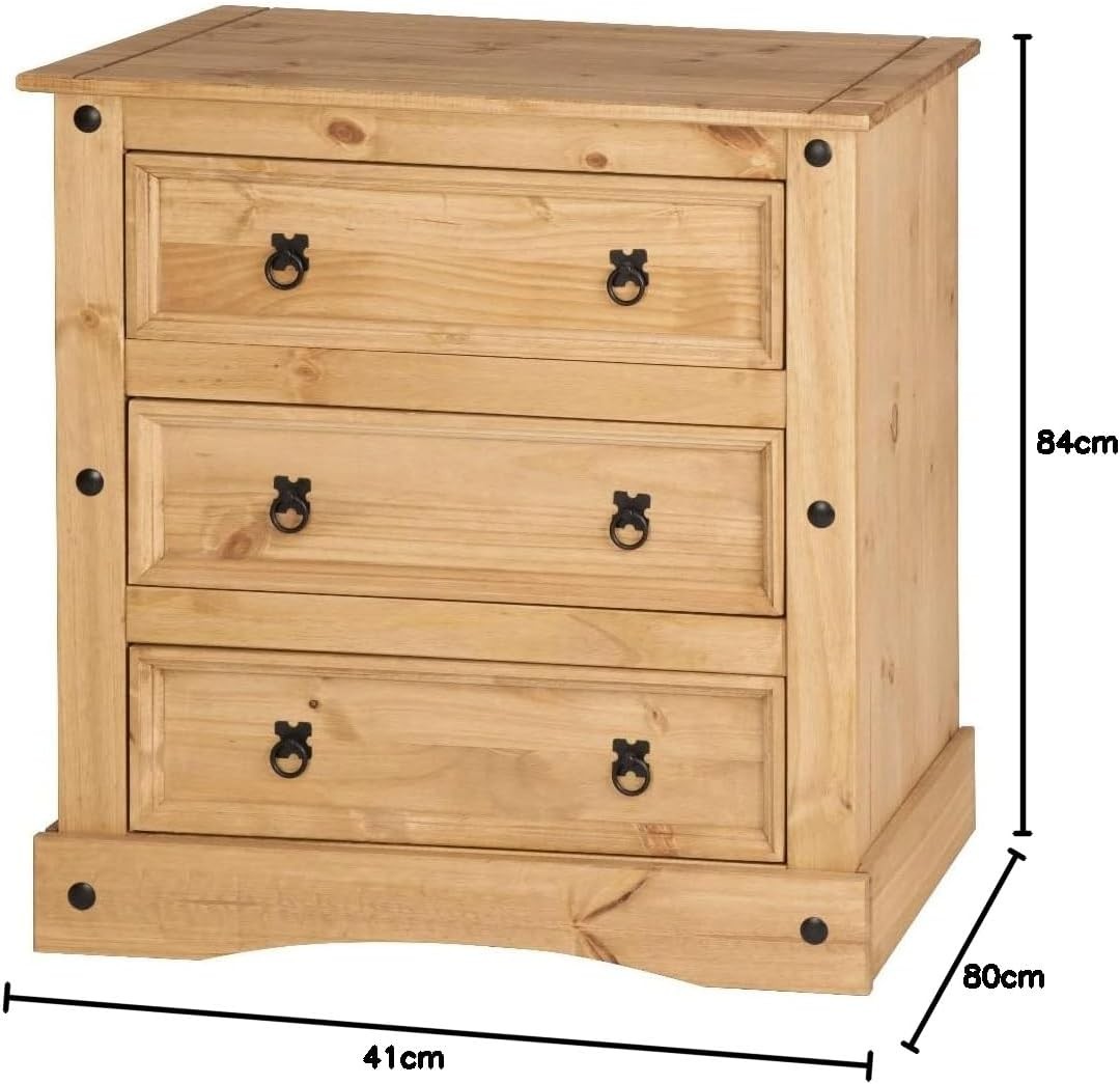 Solid Pine 3 Drawer Chest Wax Finish Rustic Wood Cabinet for Bedroom Hallway