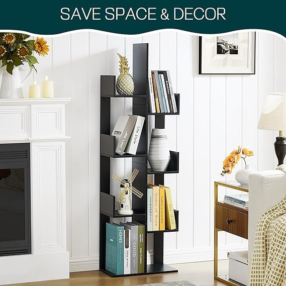 8-Tier Modern Tall Bookcase – Slim S-Shaped Display Shelf for Bedroom Living