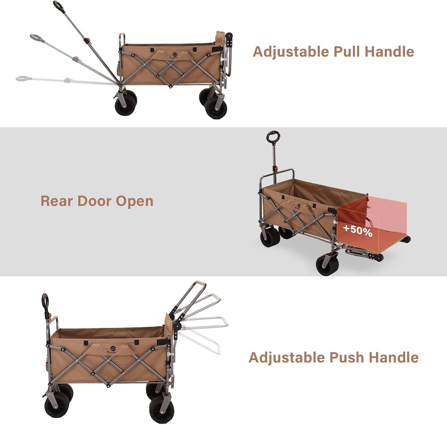 Folding Festival Trolley 225L with Brakes Push Pull Cart Extra Wide Wheels Khaki