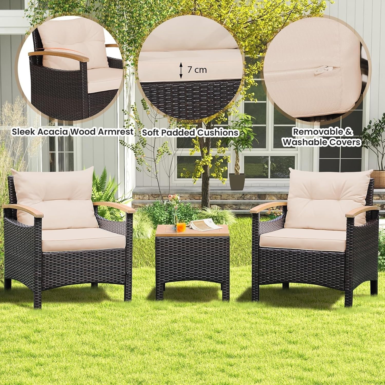 Rattan Garden Conversation Set Cushioned Armchairs Acacia Top Coffee Table