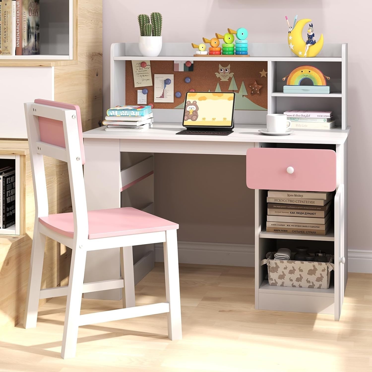 Kids Study Desk & Chair Set Pink White – Storage Shelves, Drawer, Cork Board