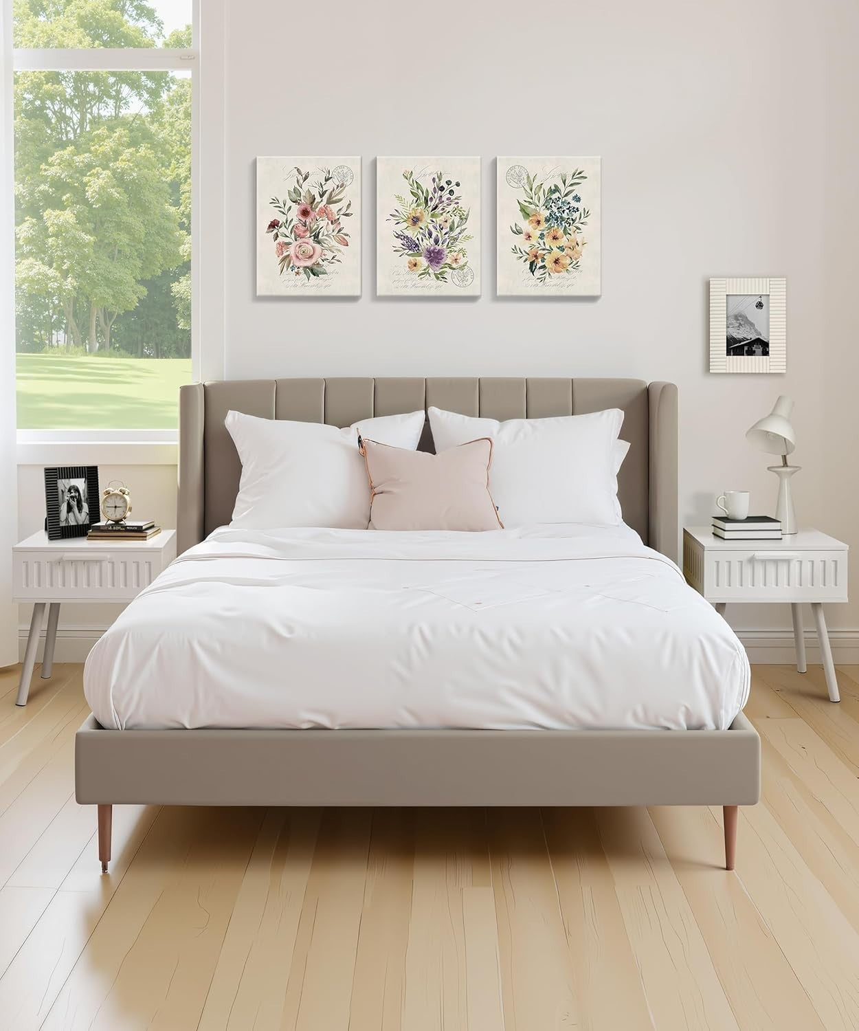 Modern White Bedside Tables Set of 2 with Drawer, Solid Wood Legs 50x45x16cm