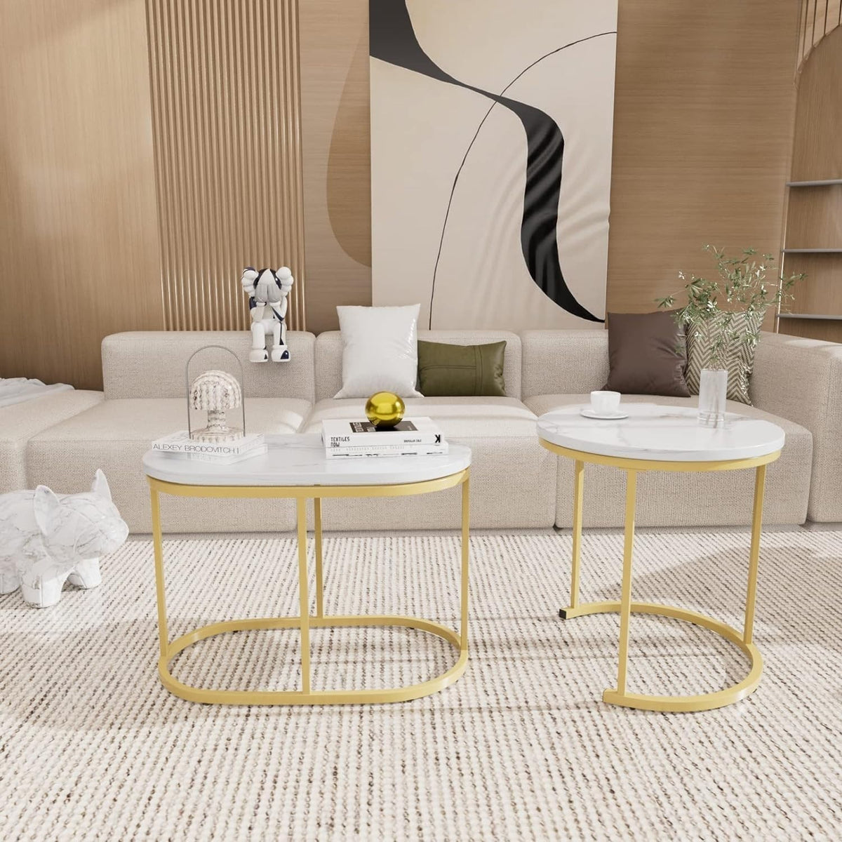 2-Piece Nesting Coffee Tables Set Marble Top Metal Frame Space Saving