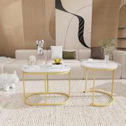 2-Piece Nesting Coffee Tables Set Marble Top Metal Frame Space Saving