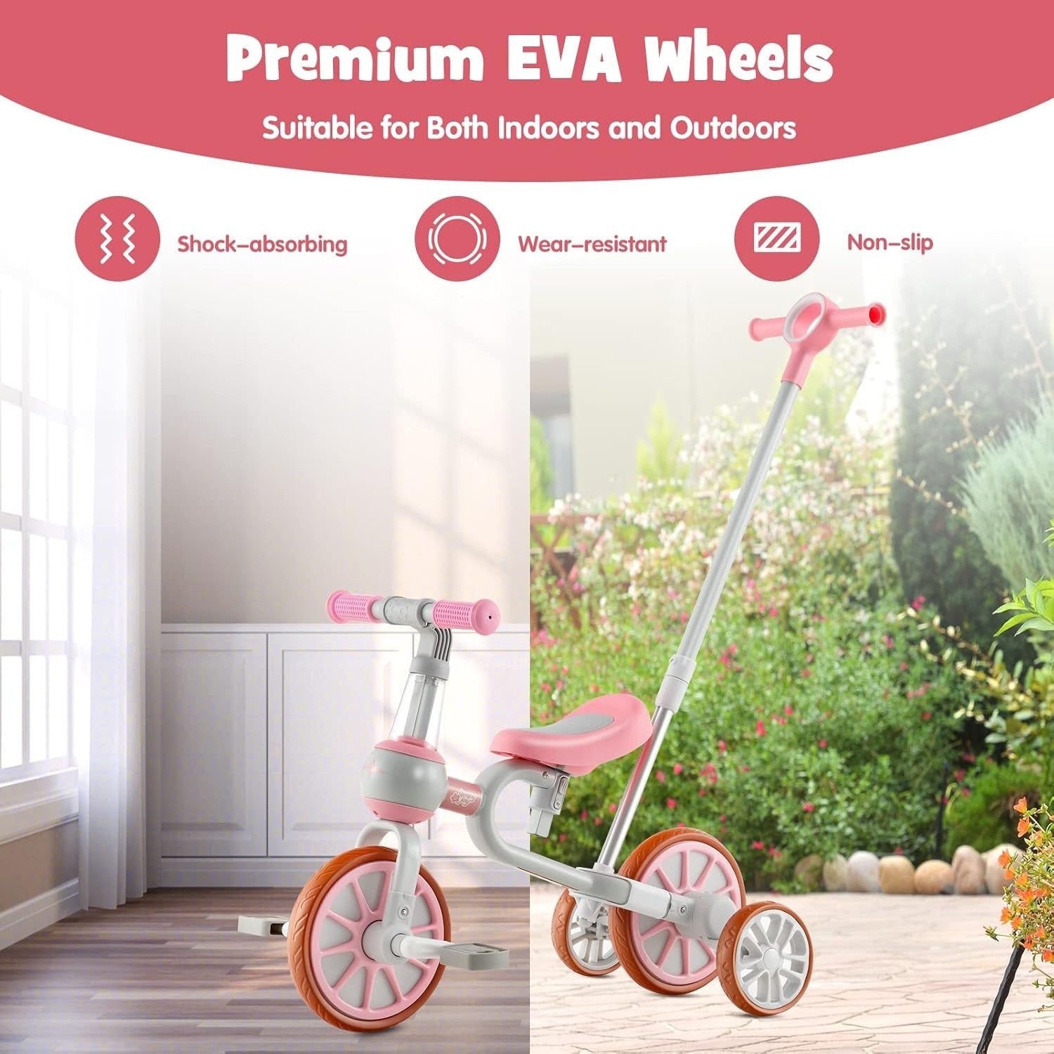 4 in 1 Kids Trike Balance Bike Push Tricycle Adjustable Handle Pink