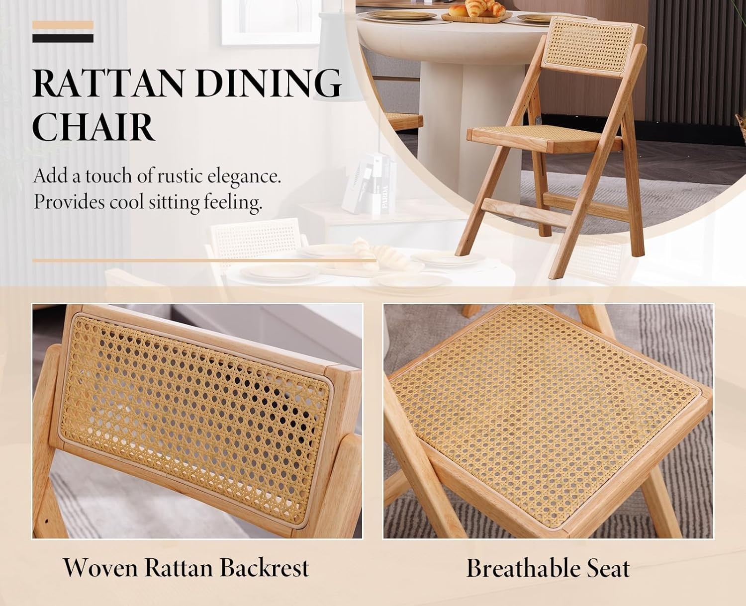 Beige Foldable Rattan Dining Chairs Set of 2 Space Saving Wooden Kitchen Seats