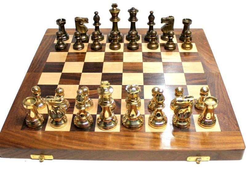 Luxury 14" Folding Wooden Chess Set – Inlaid Board + Brass Staunton Pieces