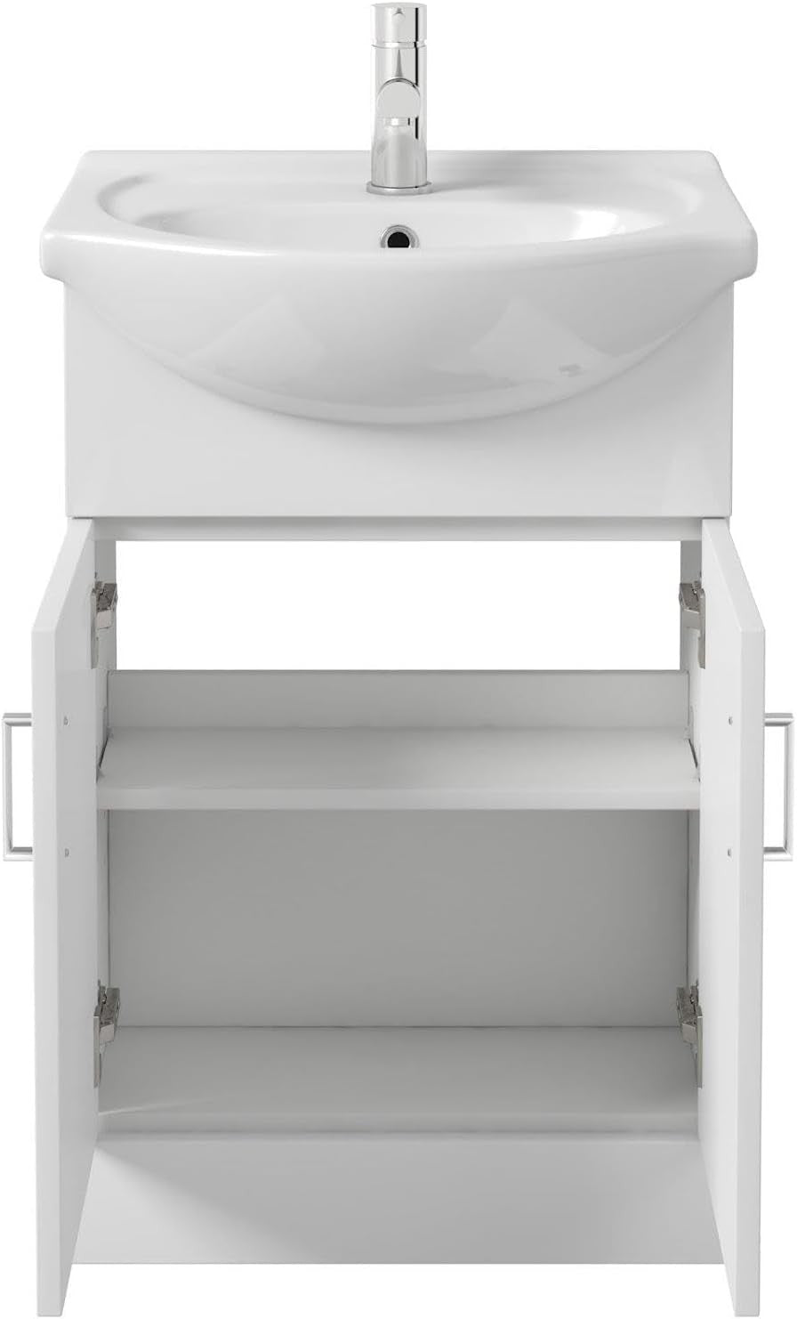 560mm White Gloss Vanity Sink Unit – Freestanding Basin Cabinet Soft Close Doors