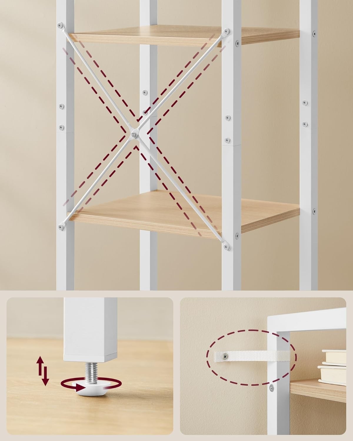 6-Tier Industrial Bookshelf 187.5cm Tall Slim Storage Unit Beige White