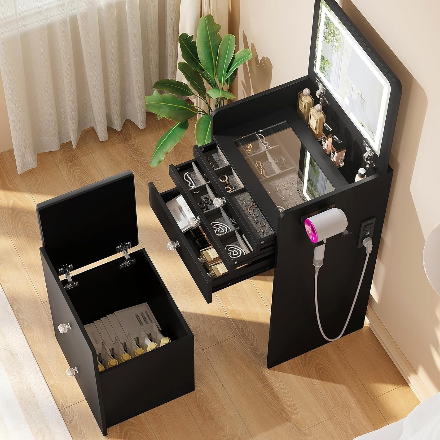 Vanity Makeup Desk w/LED Mirror USB Charging Station Small Spaces