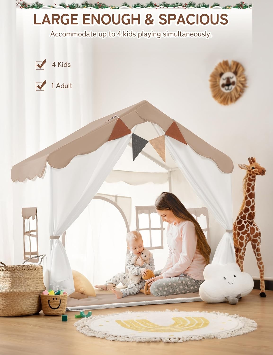 Kids Indoor Castle Tent Bed Canopy with Lights Padded Playhouse Brown
