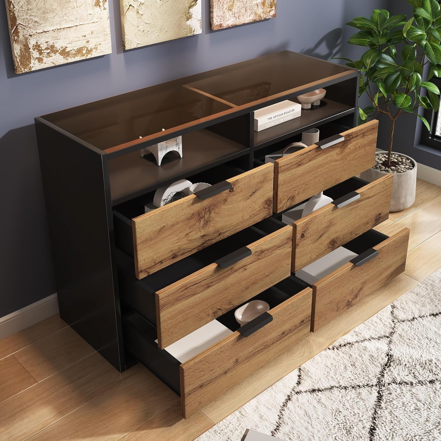 Oak Sideboard Cabinet 6 Drawers 2 Open Shelves 120x40x80cm Anti-Tip