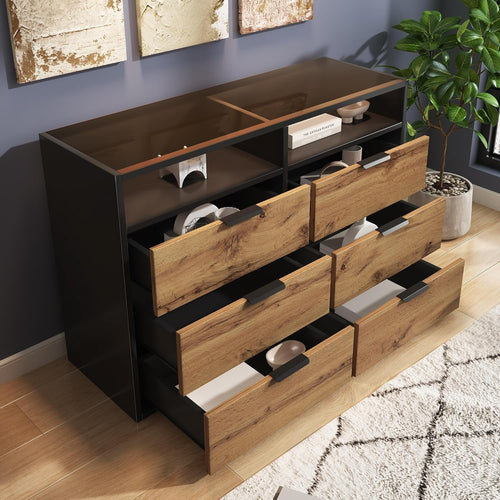 Oak Sideboard Cabinet 6 Drawers 2 Open Shelves 120x40x80cm Anti-Tip
