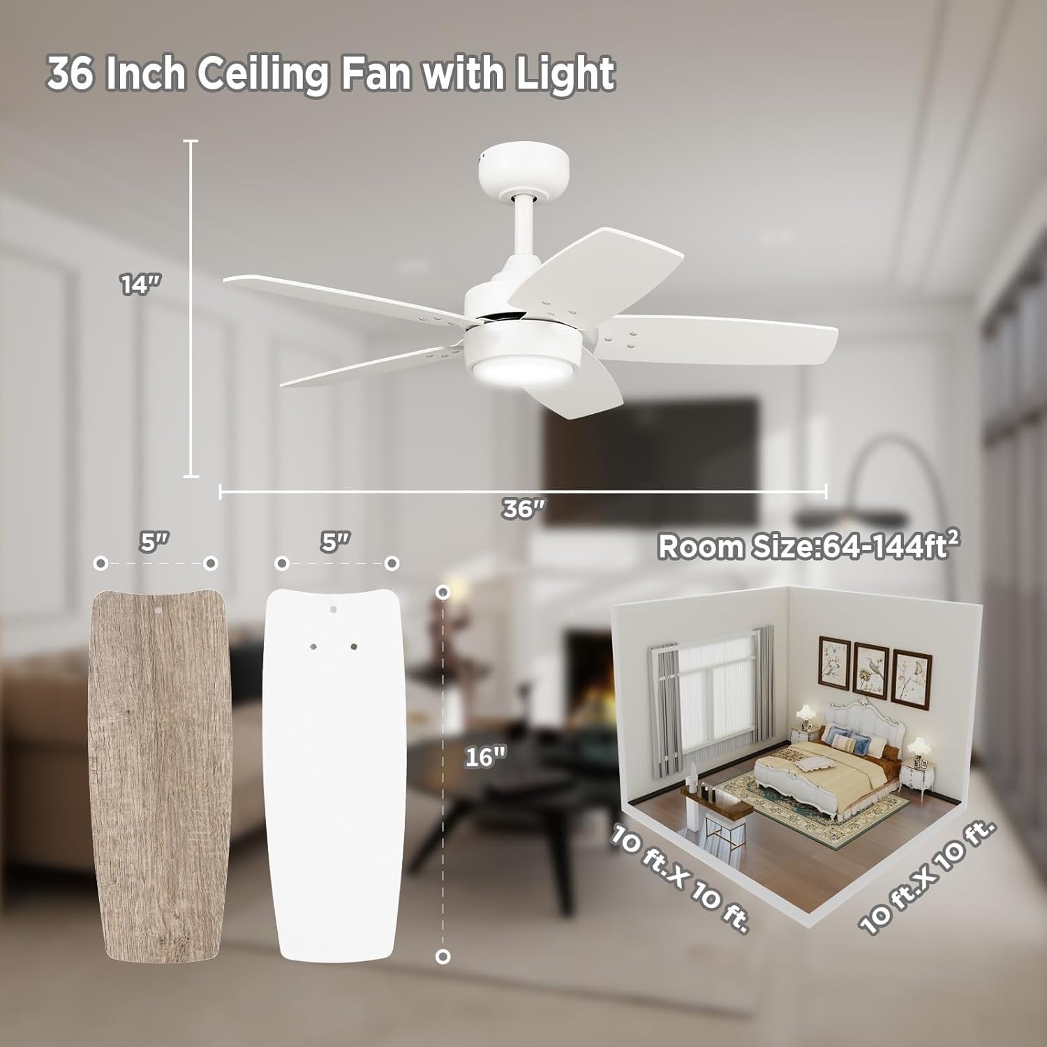 Vagizm 36" Ceiling Fan with Light, 6-Speed Quiet DC Motor, Matte White