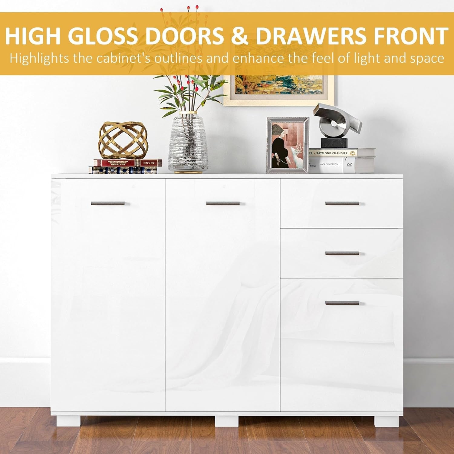 High Gloss White Sideboard Cabinet 3 Door 2 Drawer Modern Storage Unit