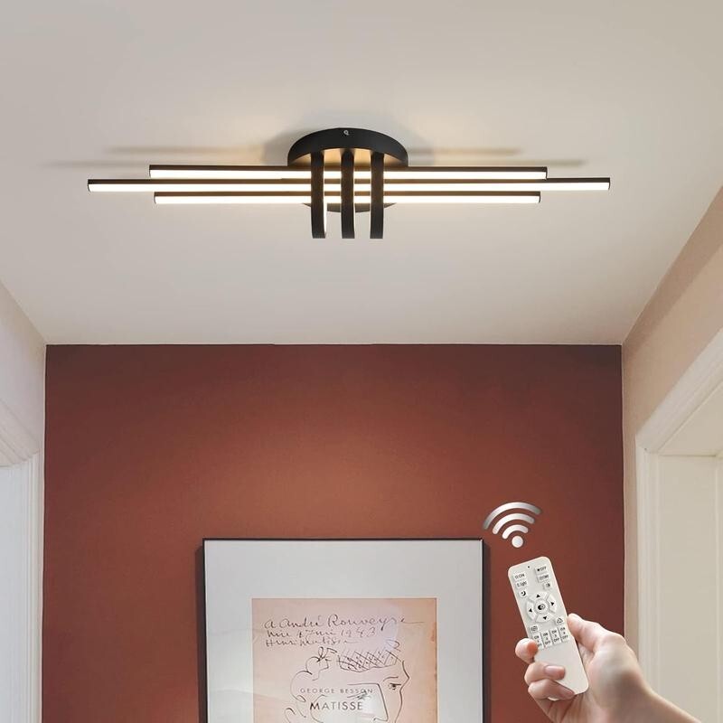 Modern 40W Dimmable LED Ceiling Light Black Linear Flush Mount Remote Control