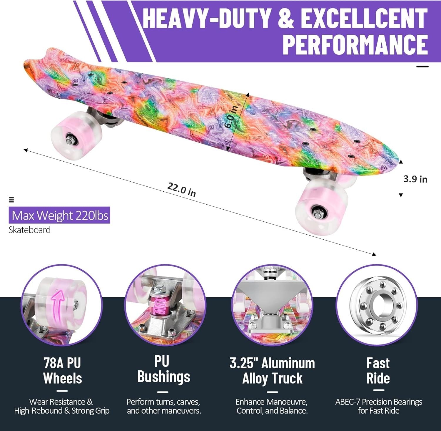 22in LED Mini Cruiser Skateboard Kids Teens Beginners Portable Board