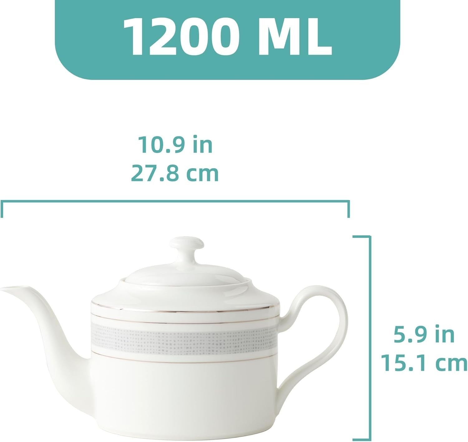 1.3L Fine China Teapot White Ceramic Tea Pot 4-6 Cups Silver Rim
