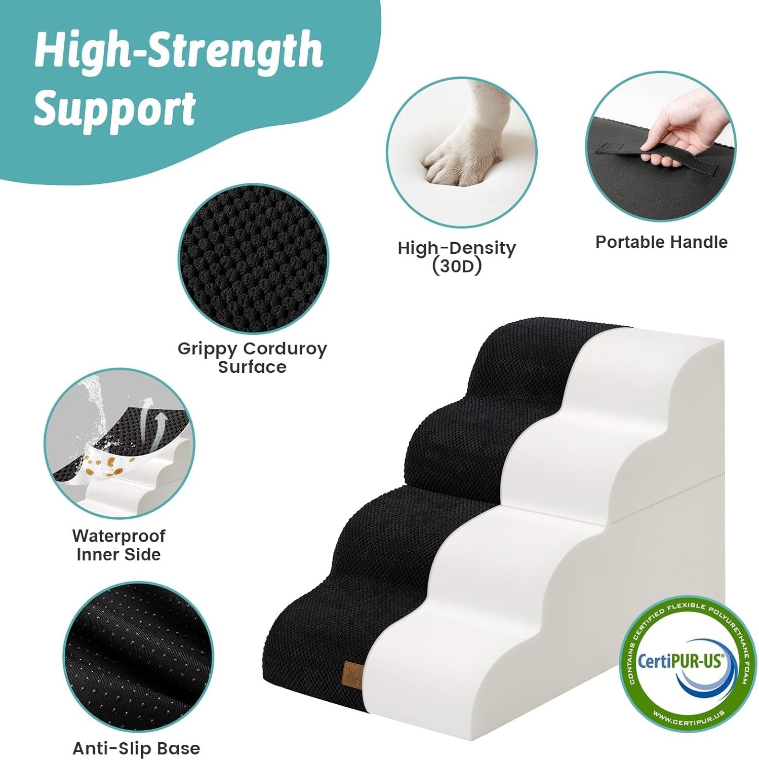 Dog Stairs 4 Step 19.7in Detachable Foam Pet Ramp Black