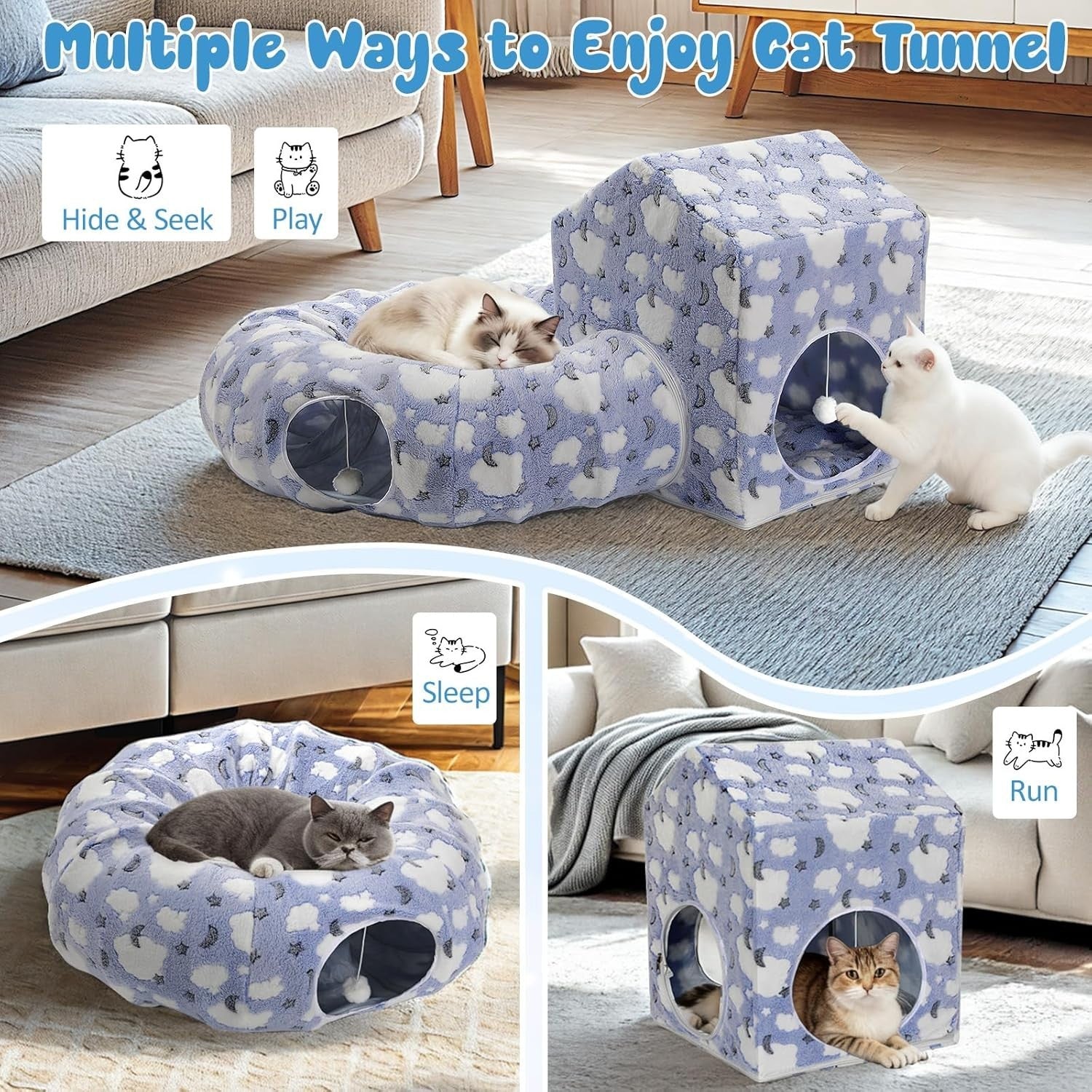 Cat Tunnel Bed Donut Play Tunnel w House Peekaboo Cave Washable Blue