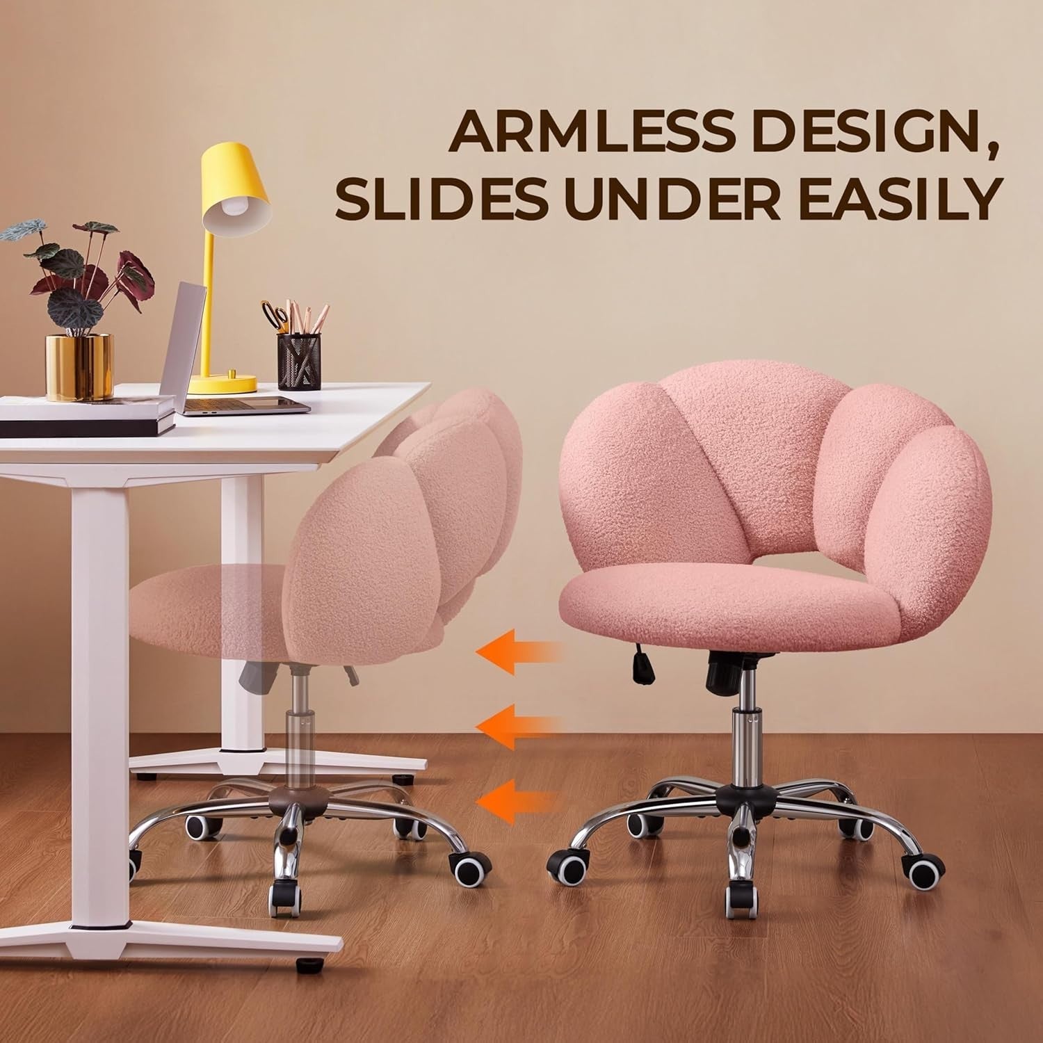 Pink Boucle Cloud Vanity Chair Swivel Adjustable Desk Chair with Wheels