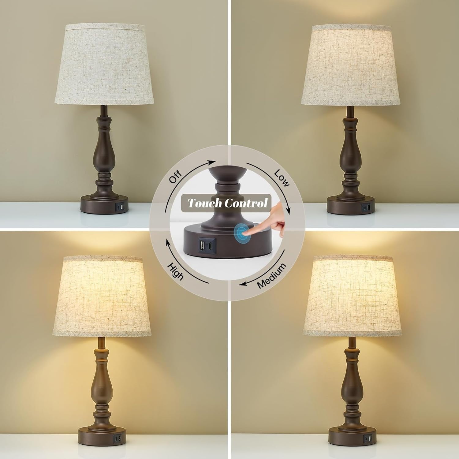 Touch Dimmable Bedside Table Lamps with Dual USB Charging, Set of 2