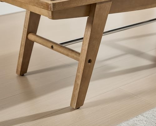 Upholstered End of Bed Bench with Solid Wood Frame, Beige Linen Seat