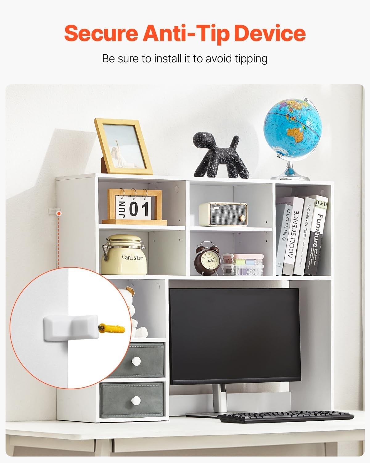 White 3-Tier Desktop Bookshelf 94cm Desk Hutch Organizer w/ Fabric Drawers