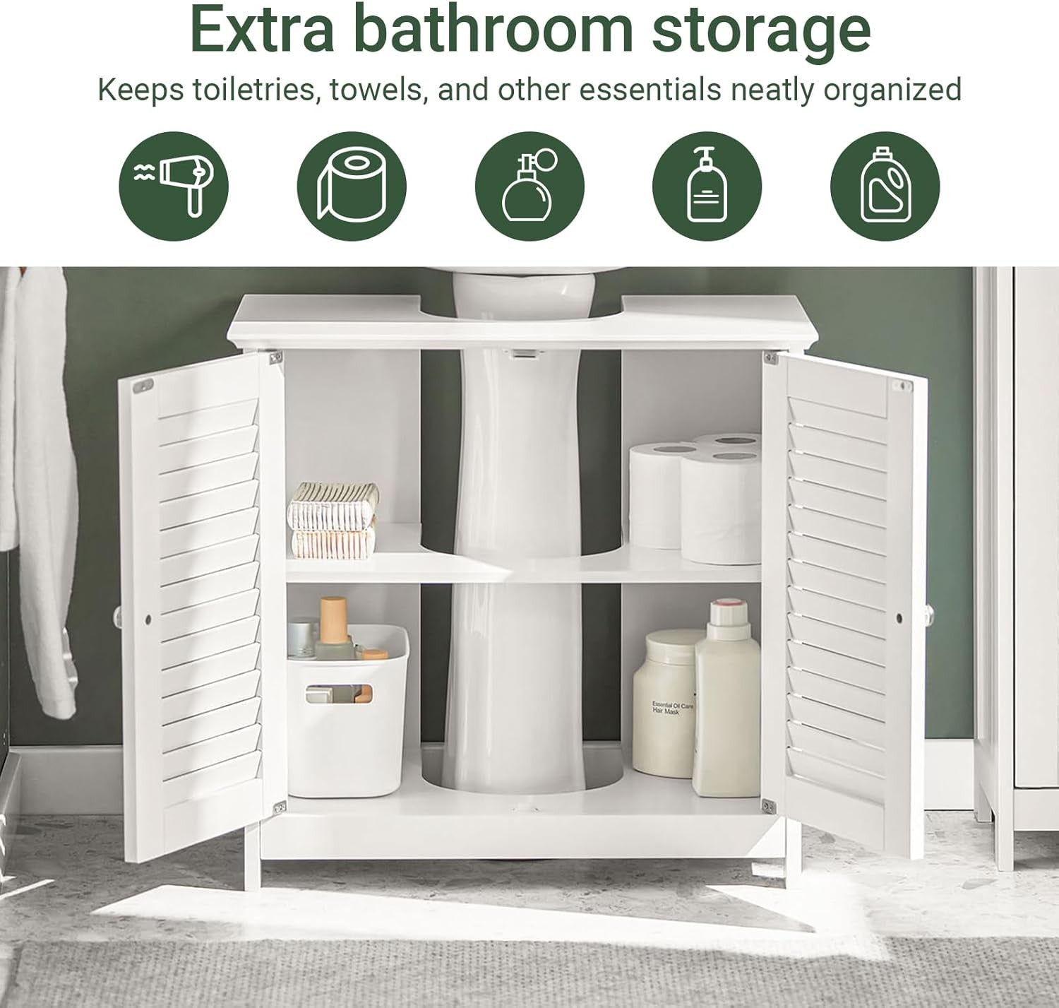 White Under Sink Bathroom Cabinet with Shutter Doors & Adjustable Shelf Unit