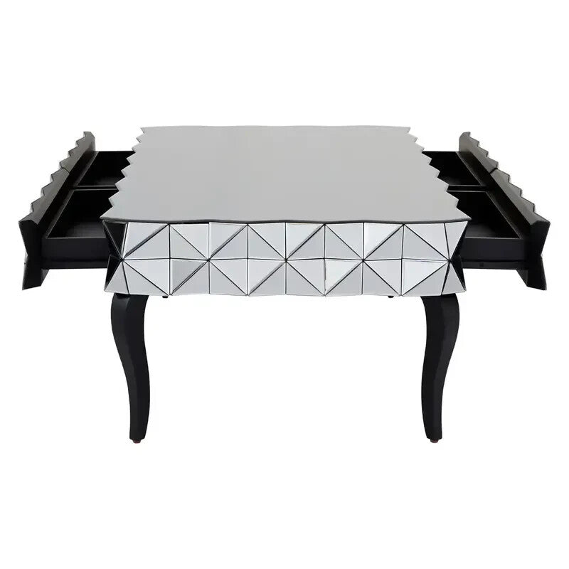 Luxury Mirrored 3D Glass Coffee Table – Silver Top with Black Wood Legs