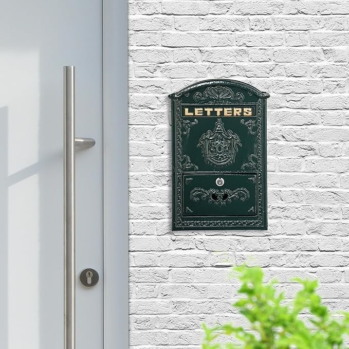 Vintage Wall Mounted Letterbox Green Gold | Lockable A4 Post Box Iron Aluminium