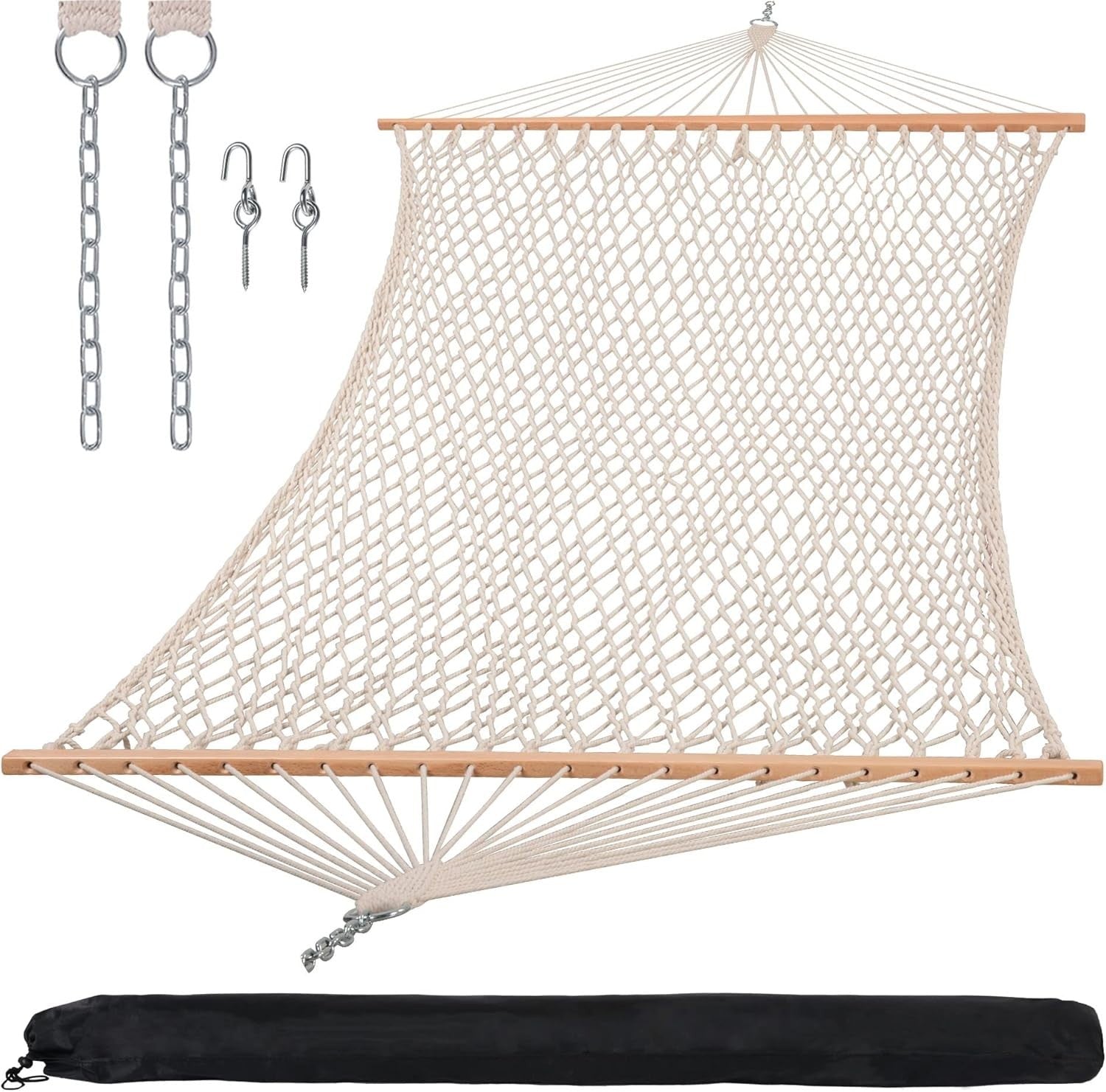 Beige Double Rope Hammock with Spreader Bar | 2-Person Outdoor Swing 450lbs
