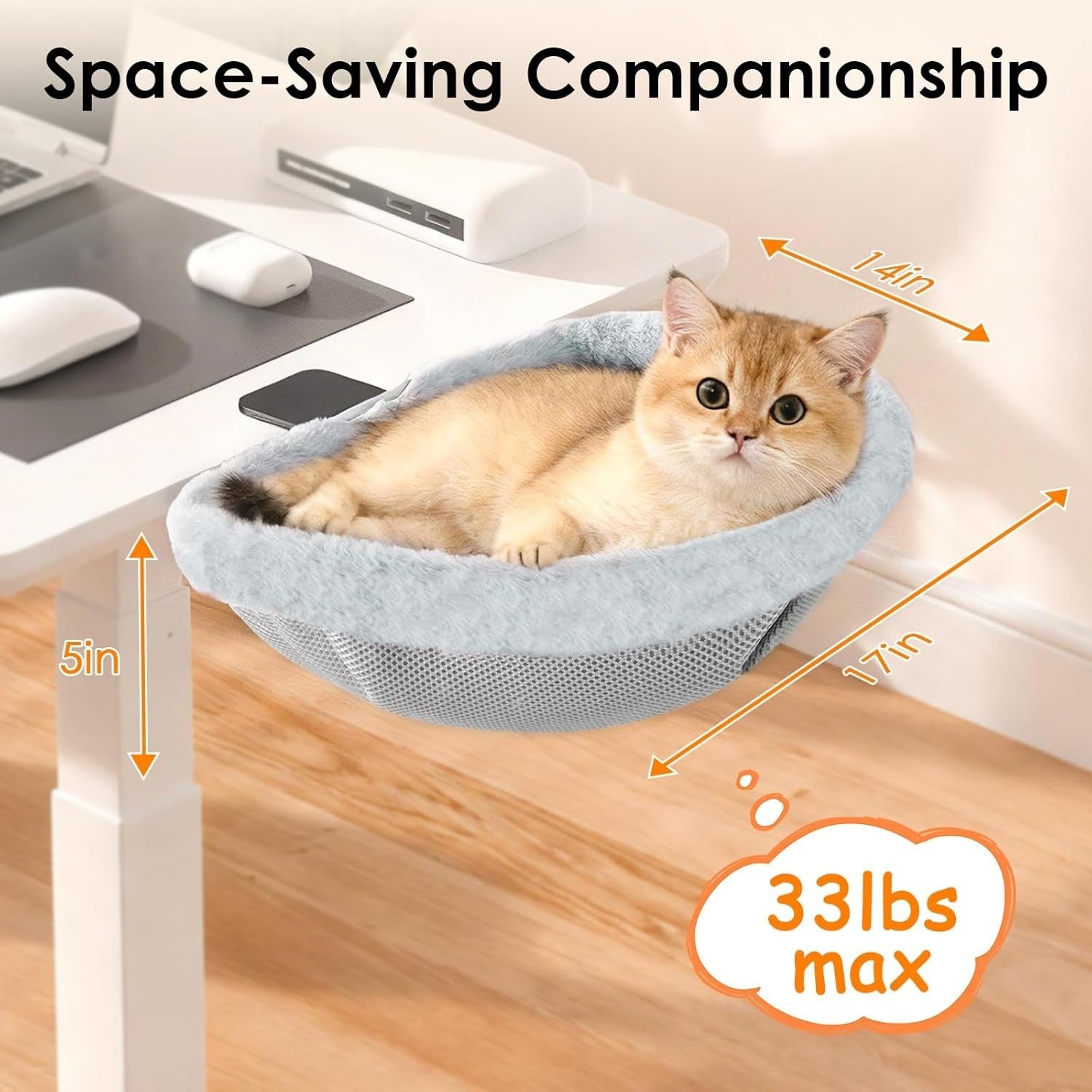 Adjustable Cat Desk Bed Faux Fur Clamp On Kitty Hammock Light Gray