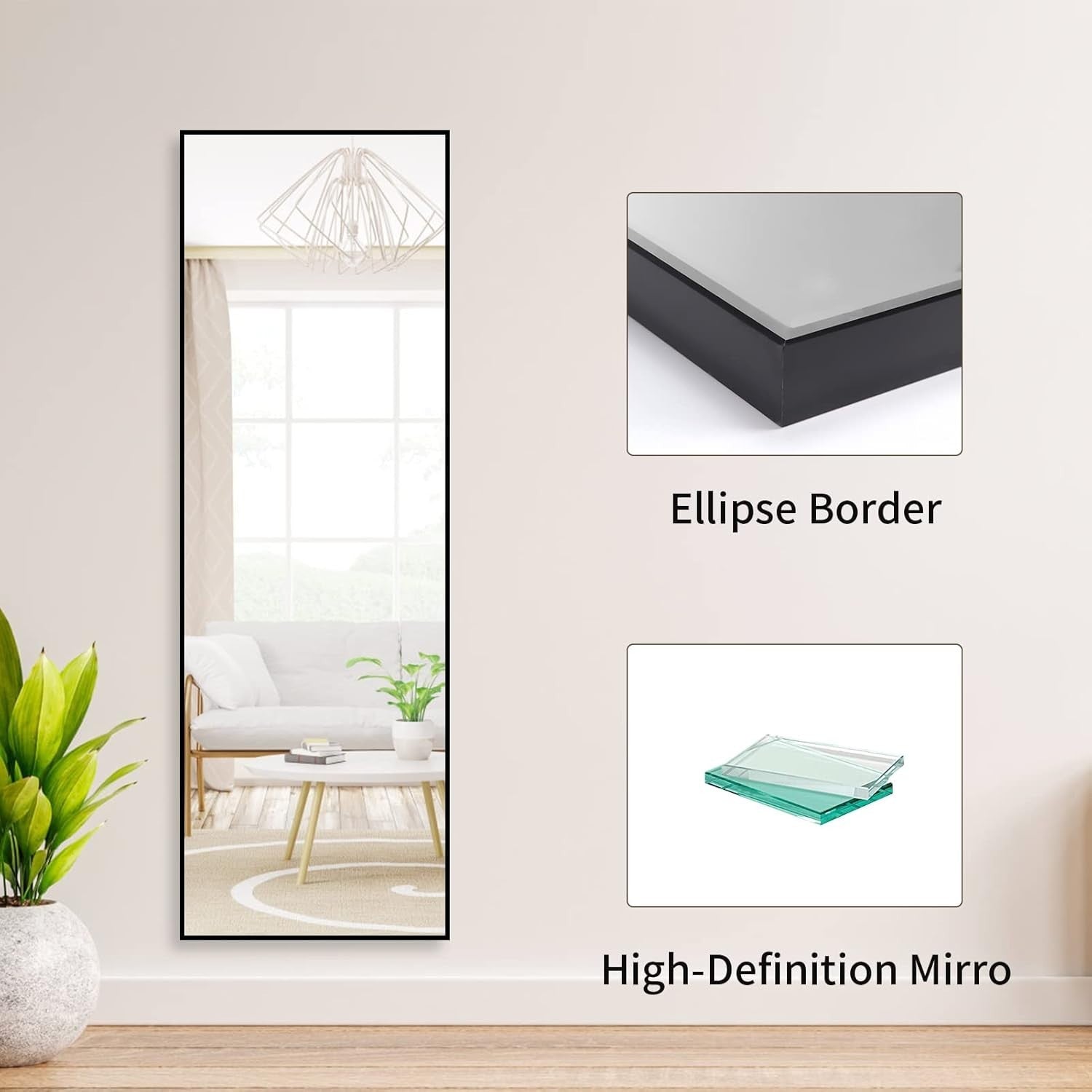 Full Length Mirror 165x51cm Wall & Floor Standing Black Frame Modern