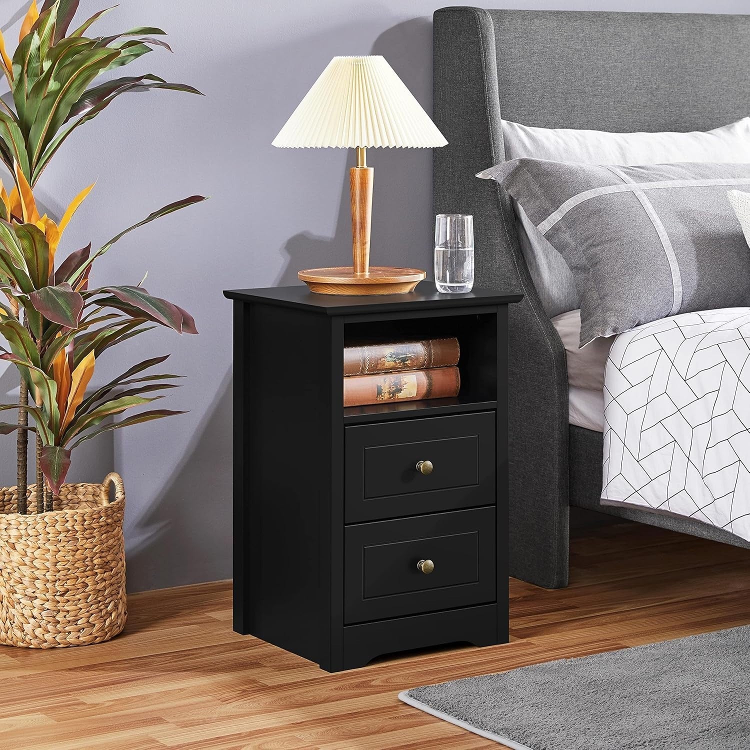 Black Bedside Tables Set of 2 – Wooden Nightstands with Drawers & Shelf