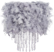Grey Feather Lampshade Fluffy Drum Ceiling Pendant Shade Crystal Drops
