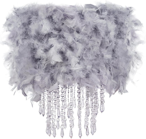 Grey Feather Lampshade Fluffy Drum Ceiling Pendant Shade Crystal Drops