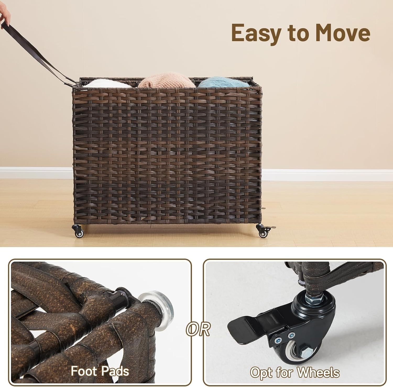 200L Wicker Laundry Hamper on Wheels with Lid | 3 Removable Bags & Side Pocket |