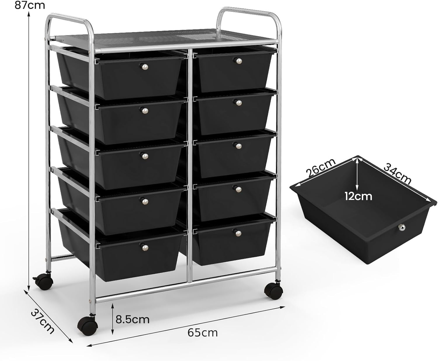 Black 10 Drawer Rolling Storage Cart Utility Trolley Office Organizer