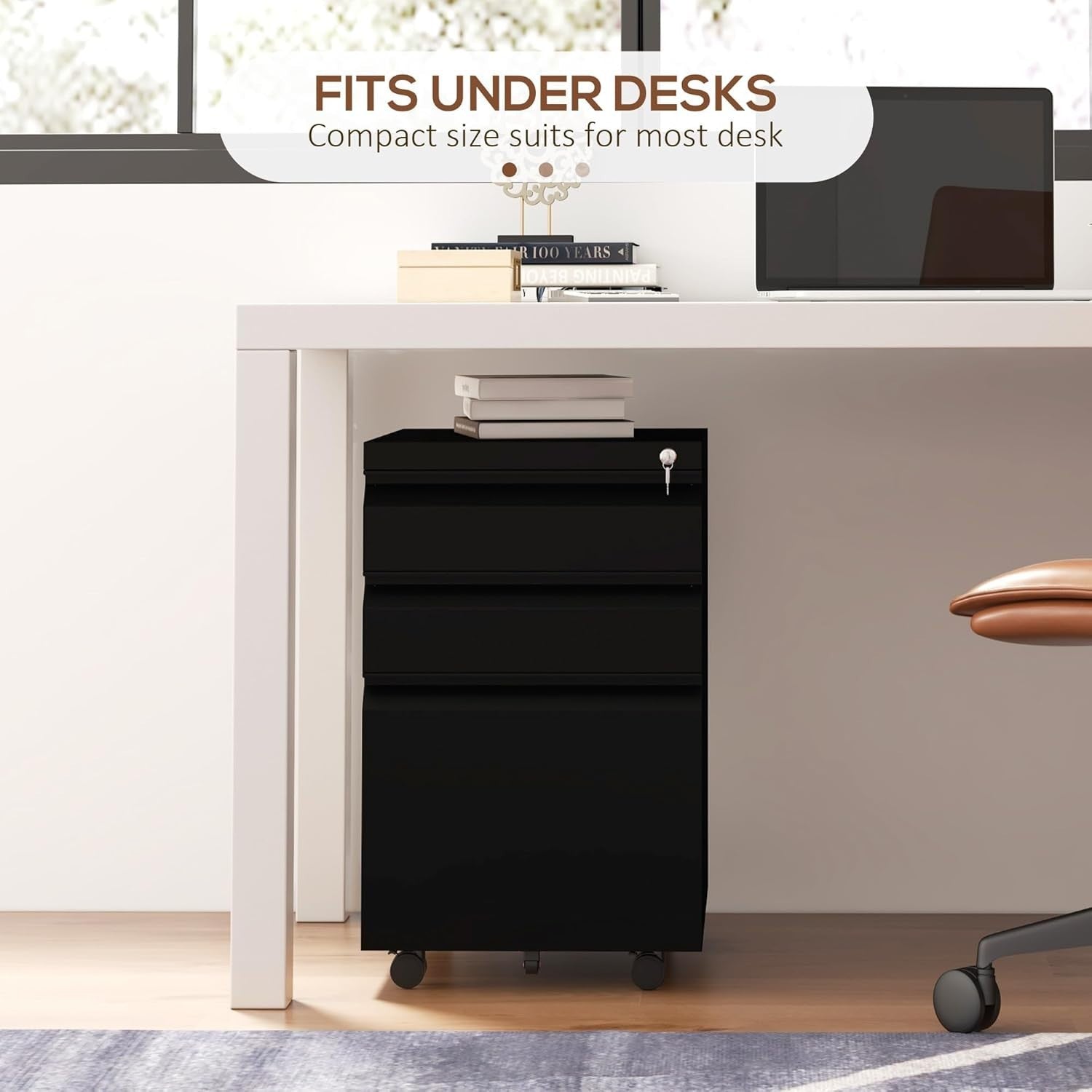Black 3 Drawer Mobile Filing Cabinet Lockable Steel Office Storage with Wheels