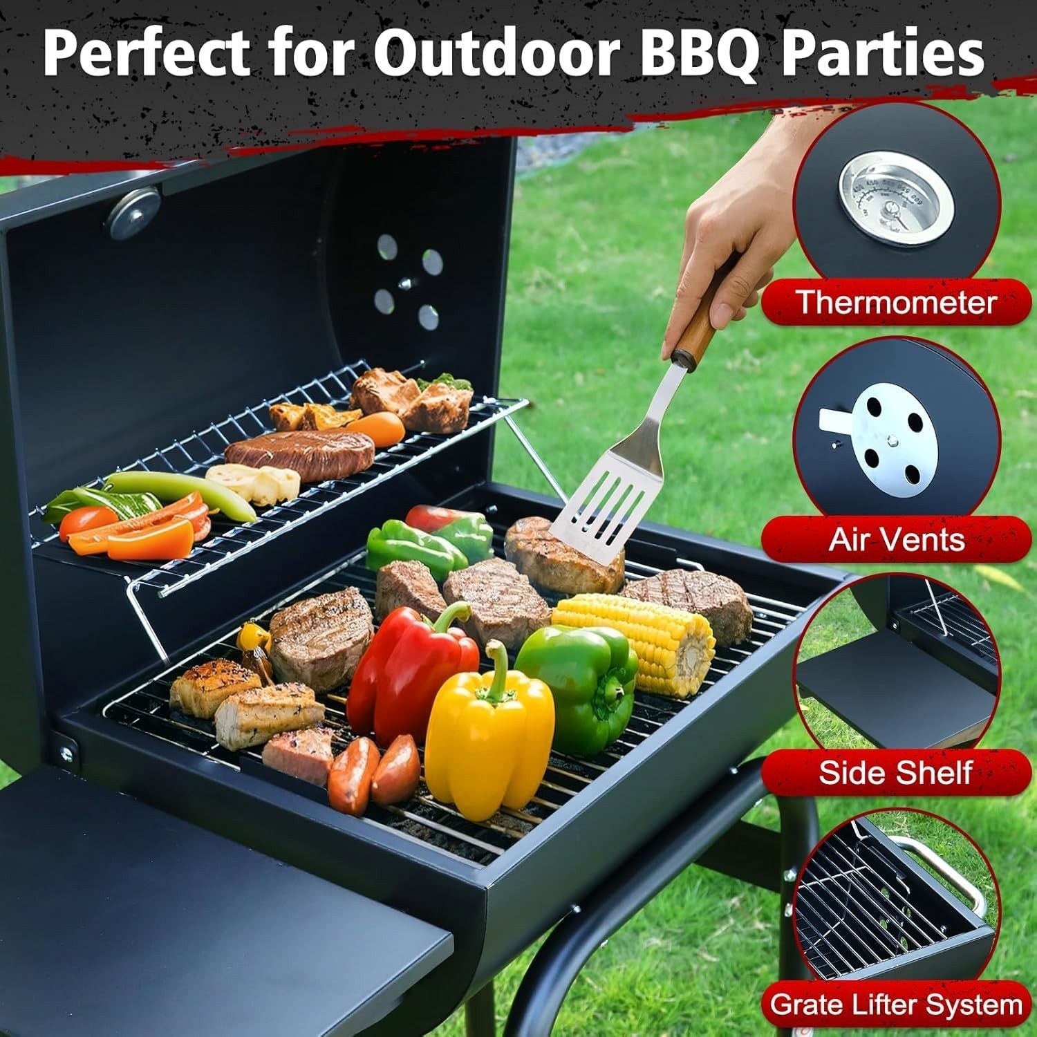 Charcoal BBQ Grill Smoker Outdoor | Large Portable Drum Barrel Barbecue