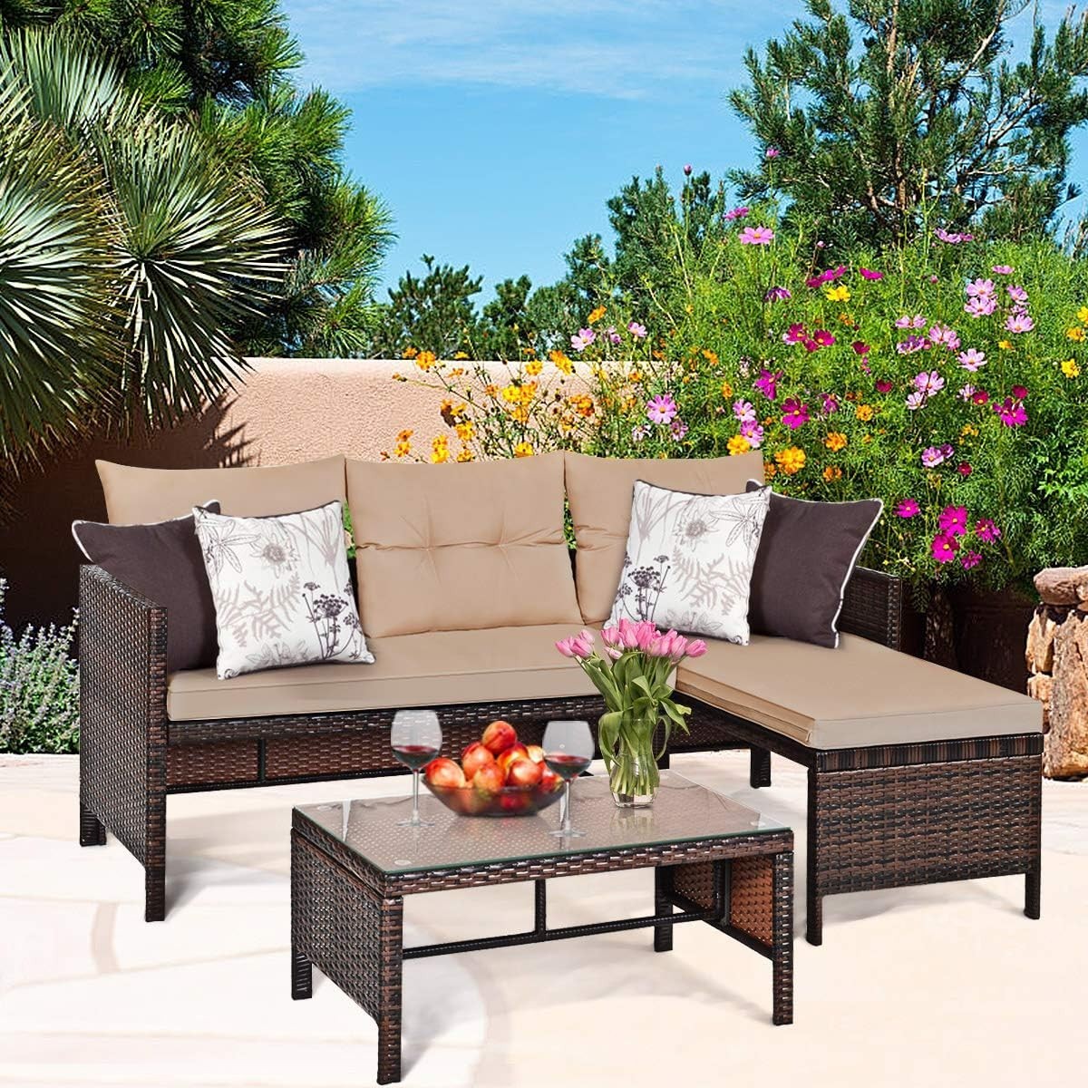 Outdoor Rattan Garden Sofa Set with Chaise Lounge & Tempered Glass Table