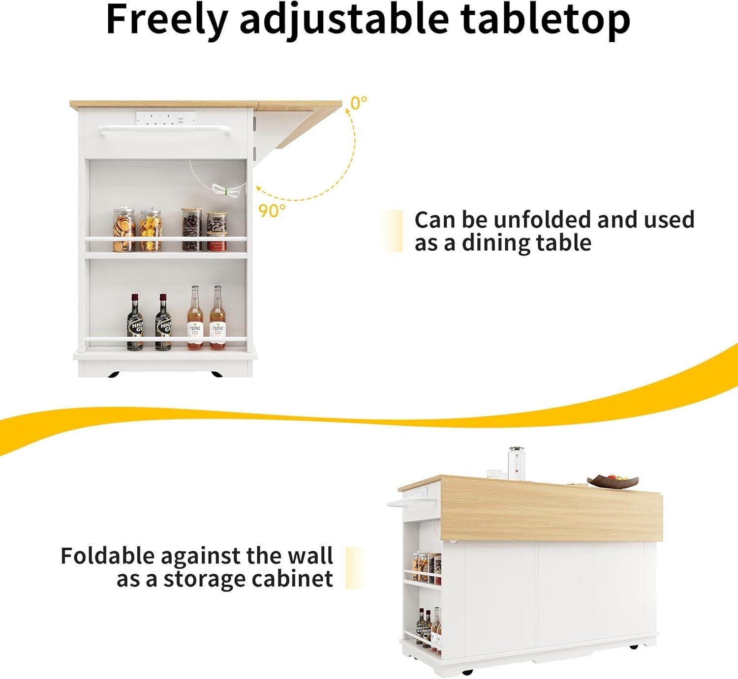 Kitchen Island on Wheels with Foldable Table, Power Sockets & Storage Drawers