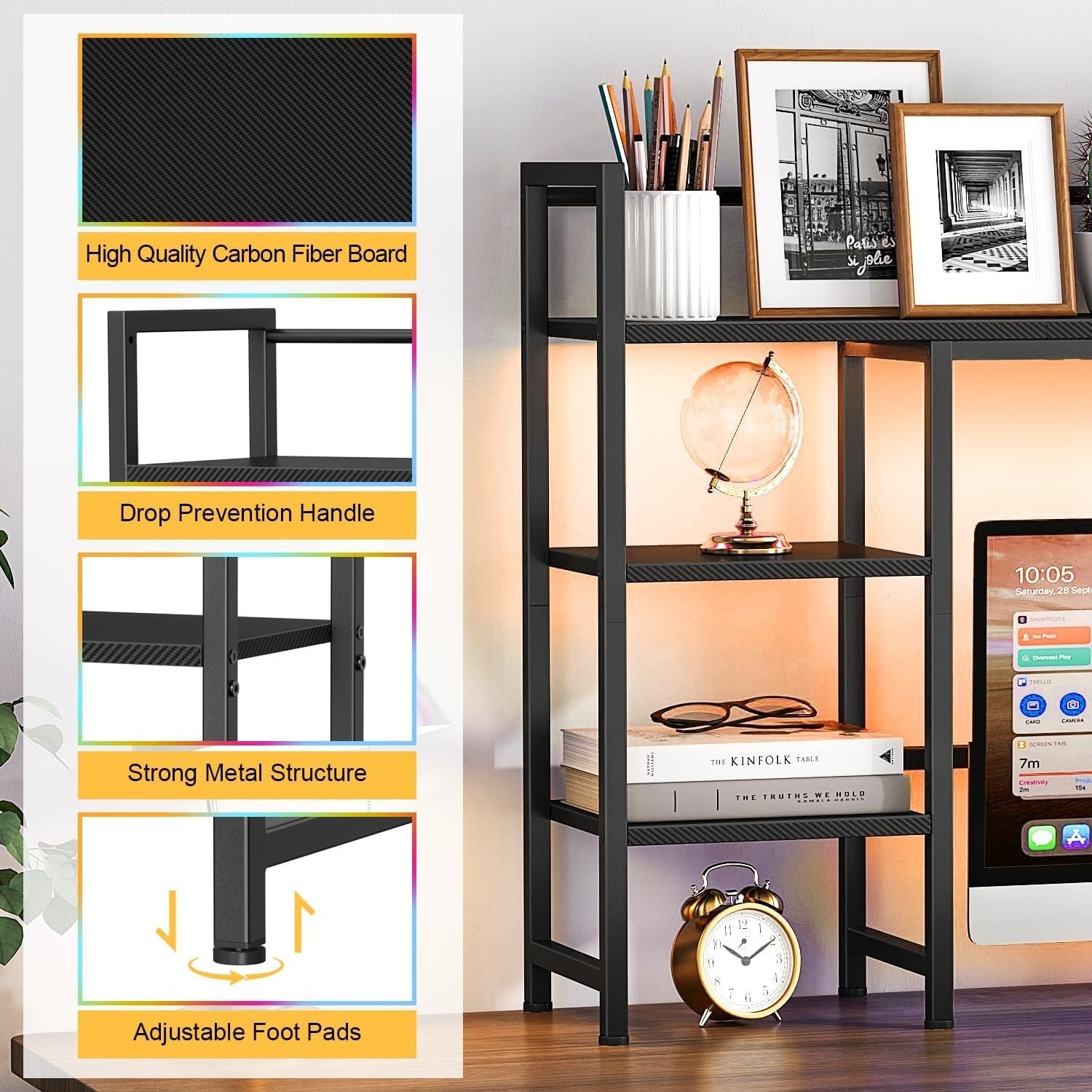 38.6" Desk Hutch Shelf with LED Strip | 4-Tier Desktop Organizer Rack