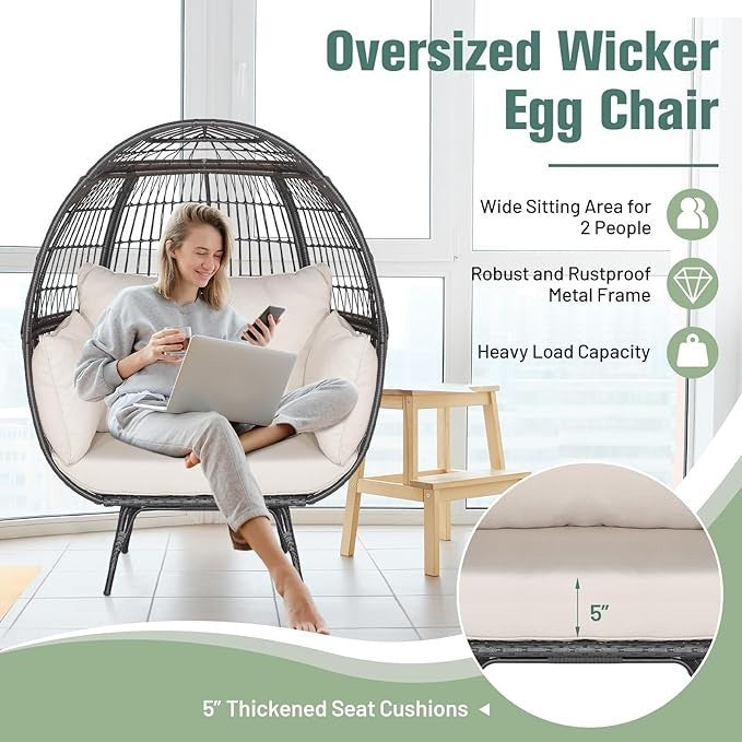 Oversized Rattan Egg Chair w/ Cushions Indoor Outdoor Lounge 450lbs Capacity