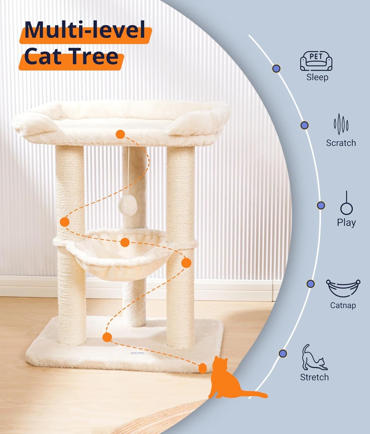 71cm Cat Tree Tower with Large Bed Hammock Sisal Scratching Posts Indoor