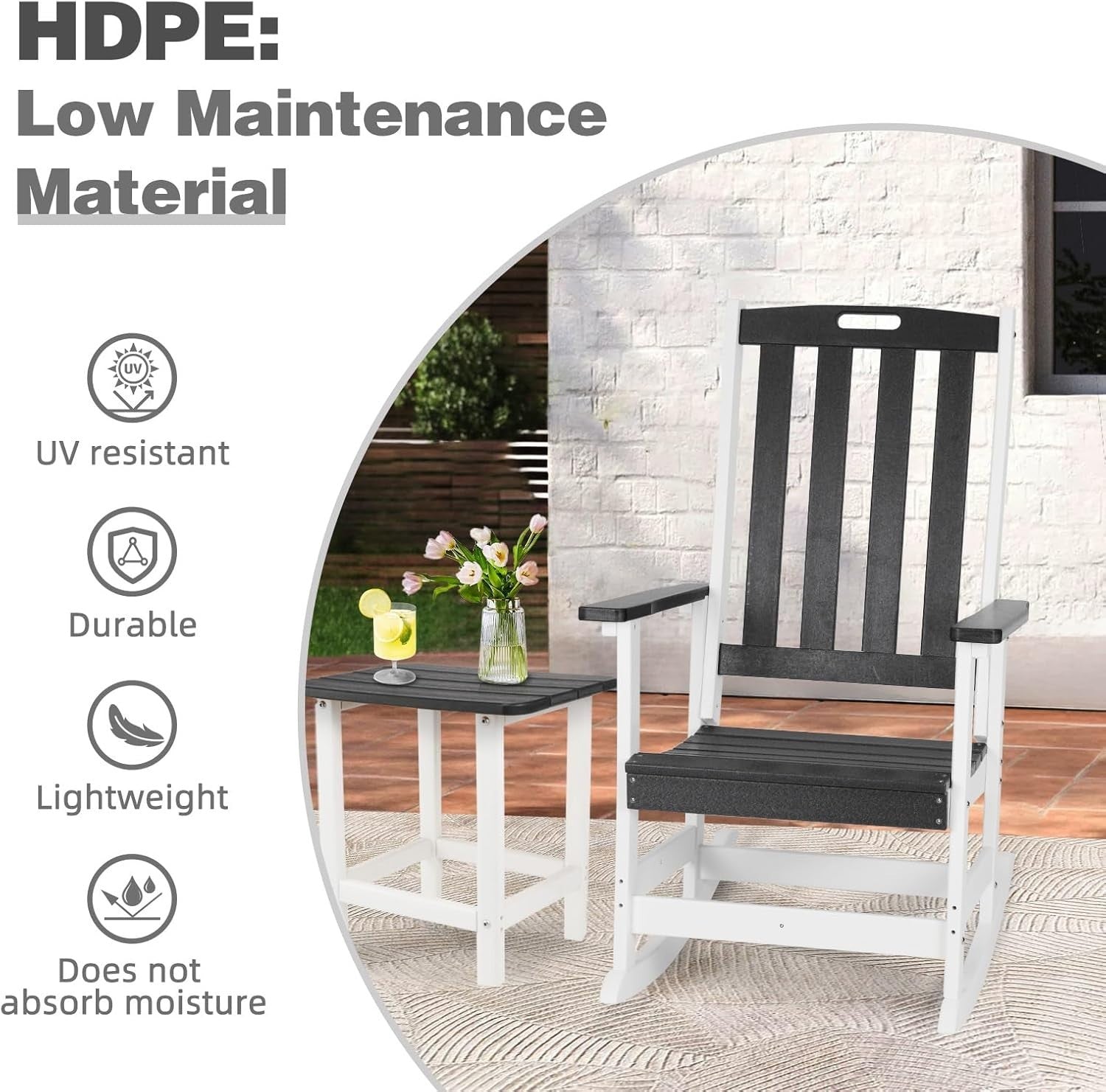 Outdoor Rocking Chair Ergonomic HDPE Patio Porch Rocker Weatherproof 87x70x122cm