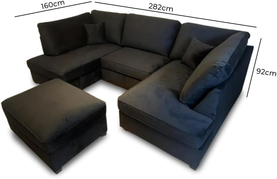 Black U Shape Plush Velvet Corner Sofa – 5 Seater Set with Footstool